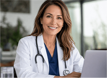 Smiling female doctor with stethoscope using a laptop in clinic.
