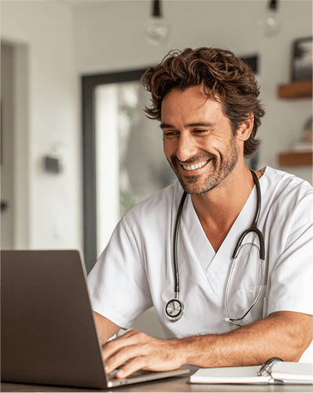 Smiling healthcare professional using a laptop in a modern clinic setting.